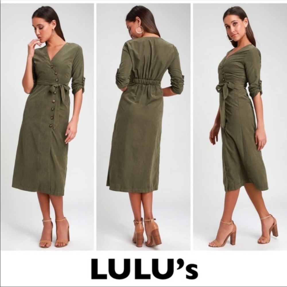 Lulu’s Pull Me Close Olive Green Suede Button-Up Midi Dress M